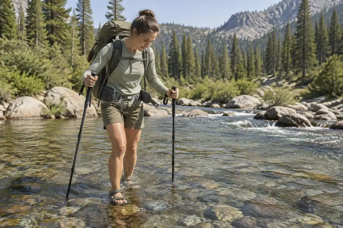 Hiker crossing a shallow river barefoot with a pack held on