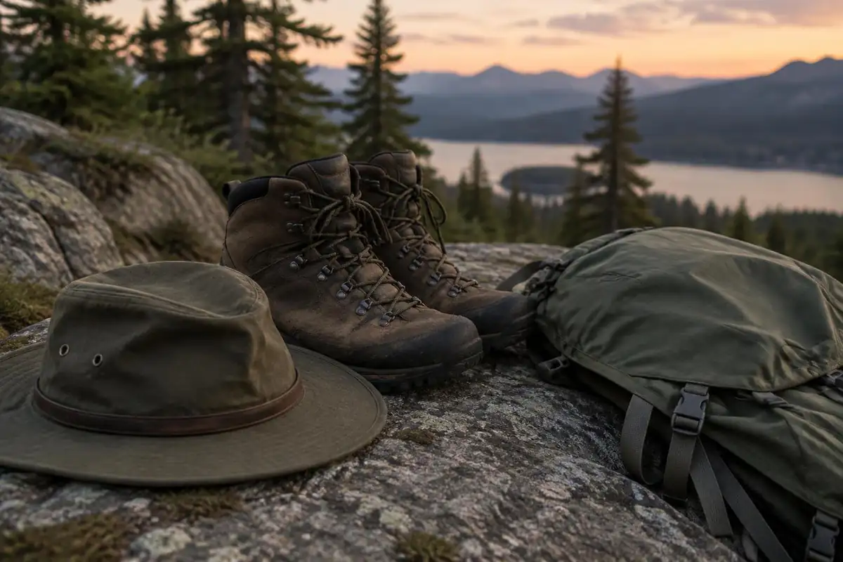 Pack, boots and hat gathered on a flat rock at a camp
