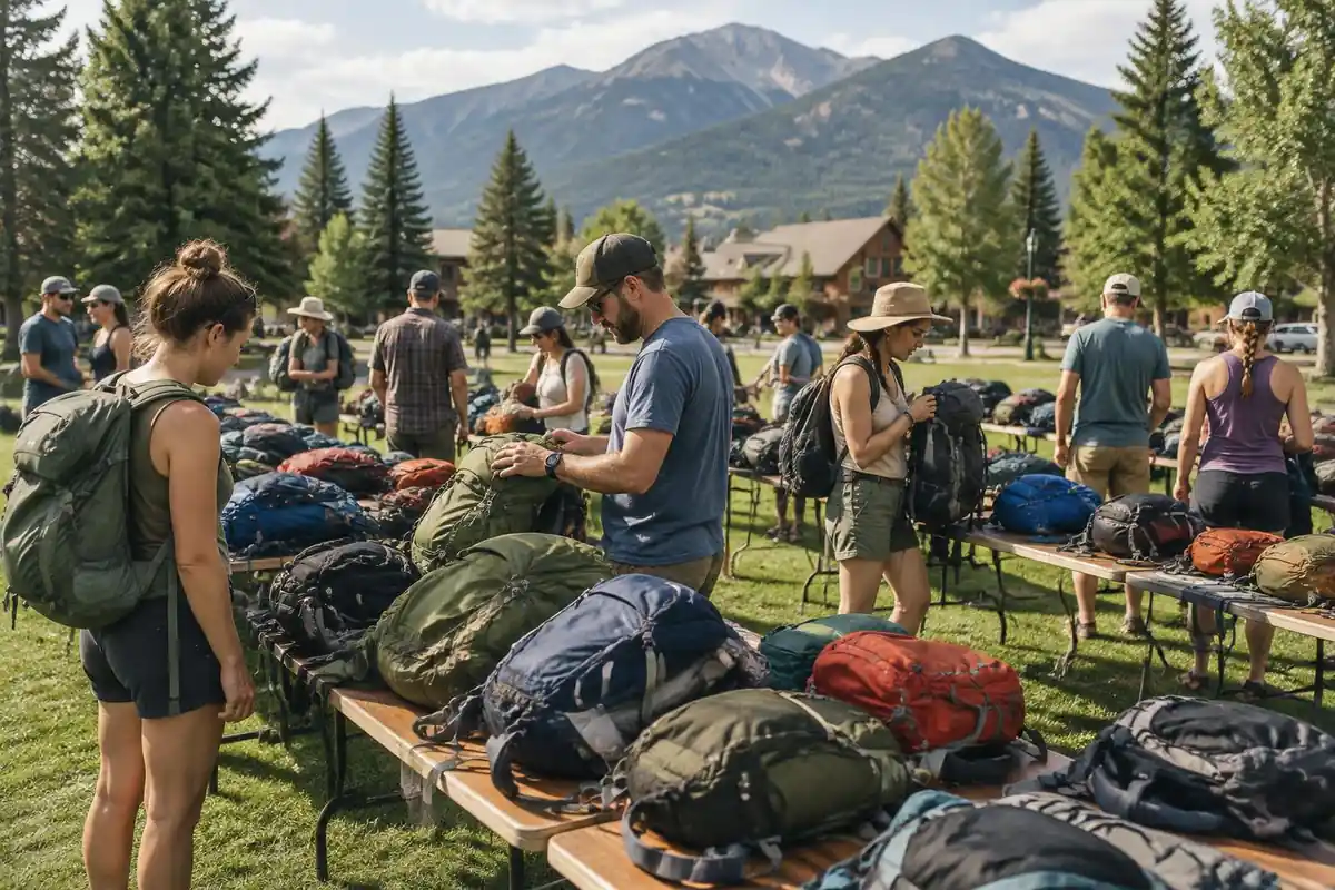 Large pack collection at a mountain-town gear swap in summer