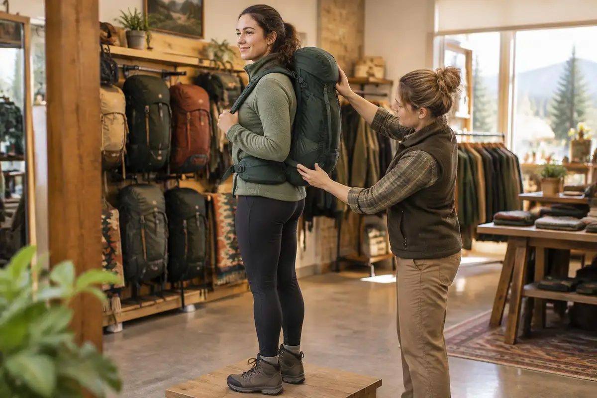 Woman trying a pack while standing on a shop fit scale
