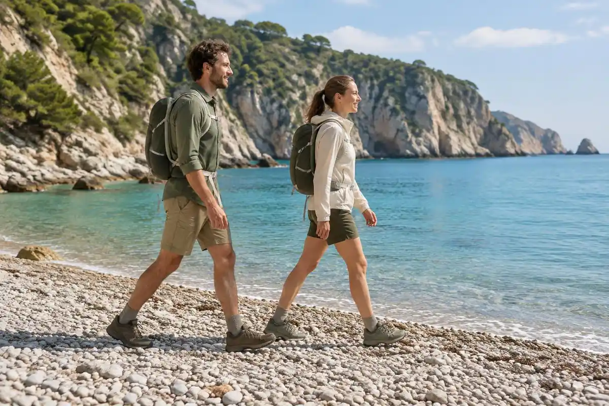 Two hikers wearing near-matching light packs on a sunny shoreline