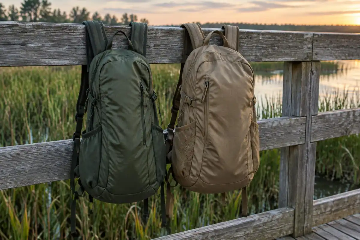 Two slim backpacks side by side on a boardwalk railing