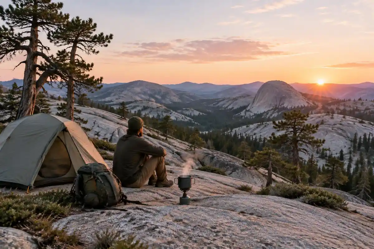 Sunrise over an overnight camp among granite domes in the American West