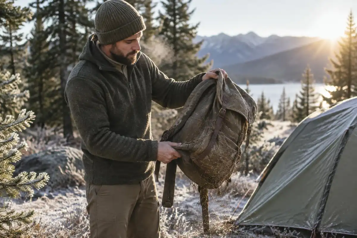 Man shaking out a well-worn pack beside a tent in cold air
