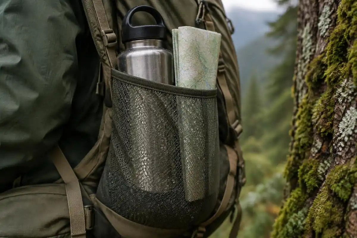 Mesh pocket with a water bottle and a folded map