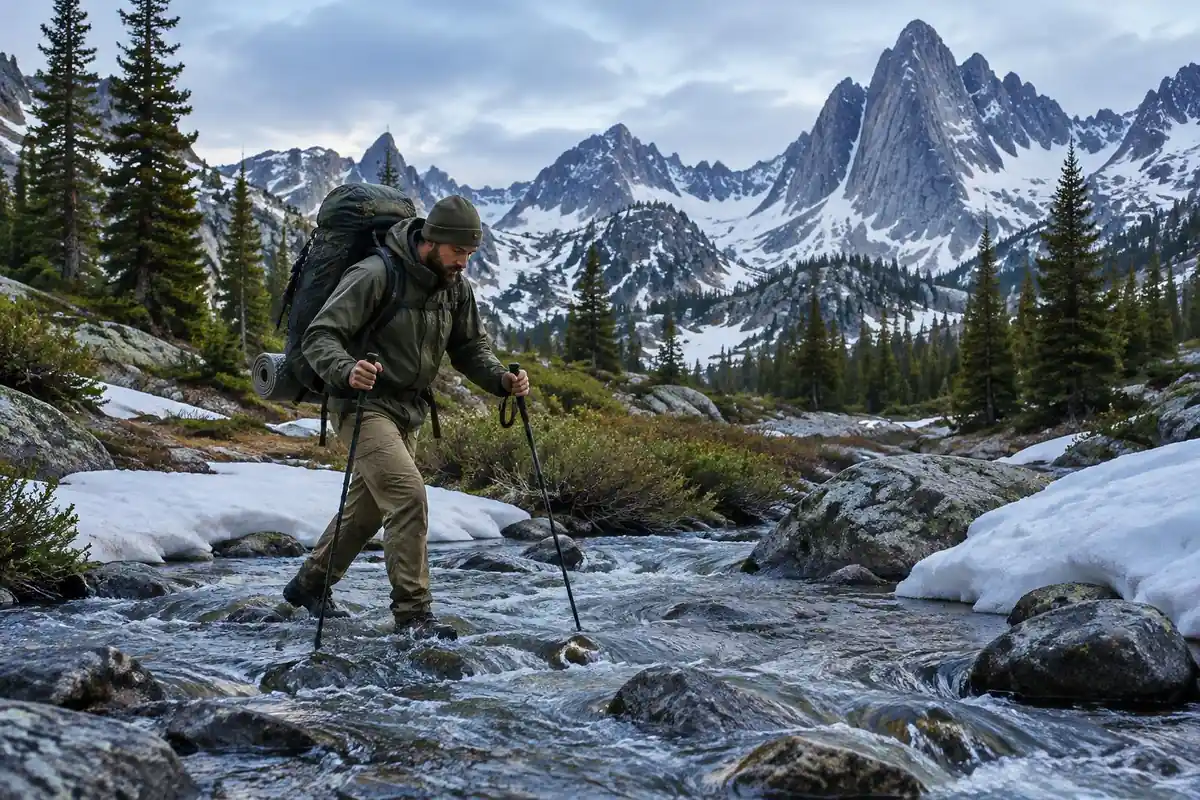 Heavy-pack hiker crossing a snowmelt stream in high country