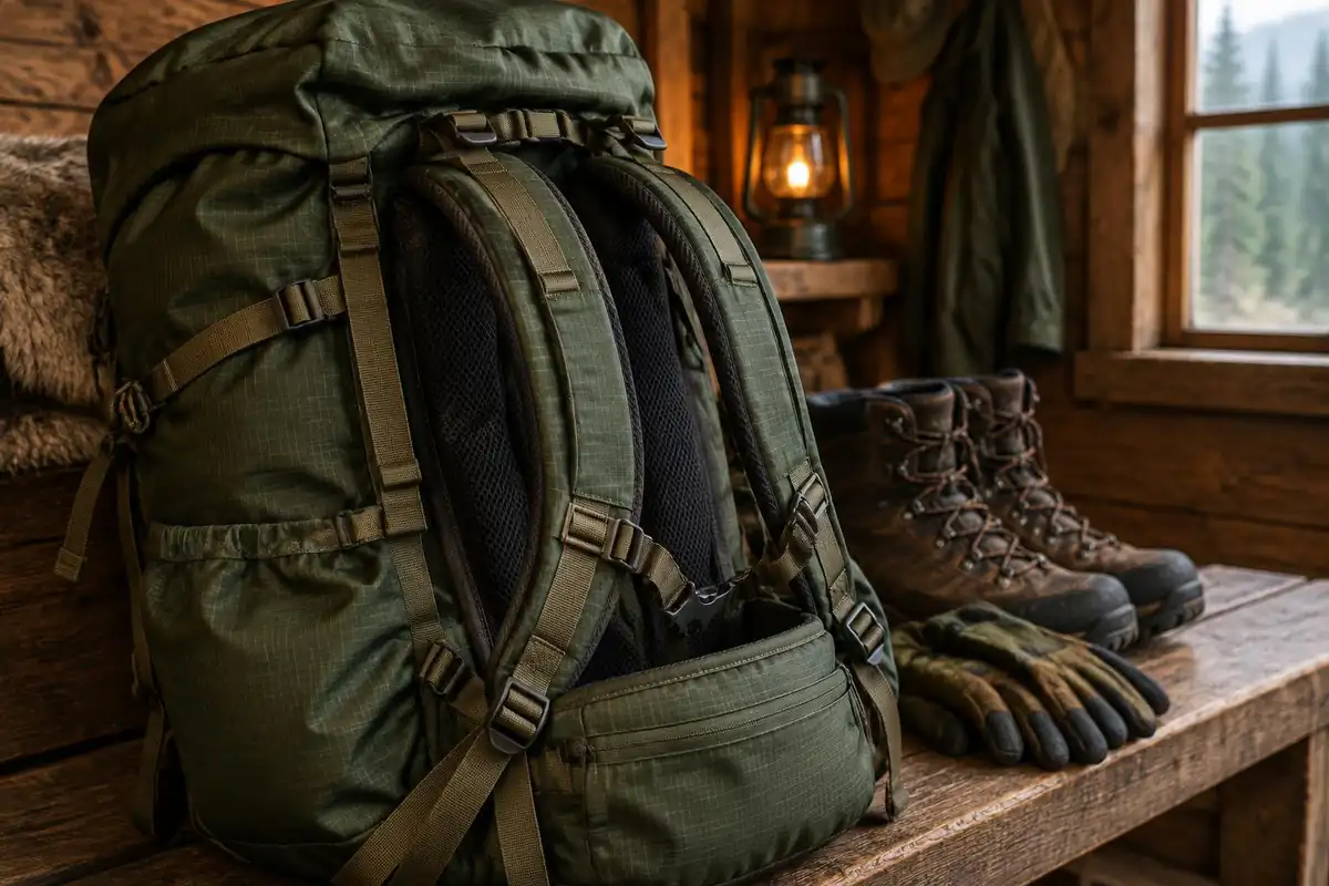 Padded shoulder harness and stitched heavy fabric on a big backpack