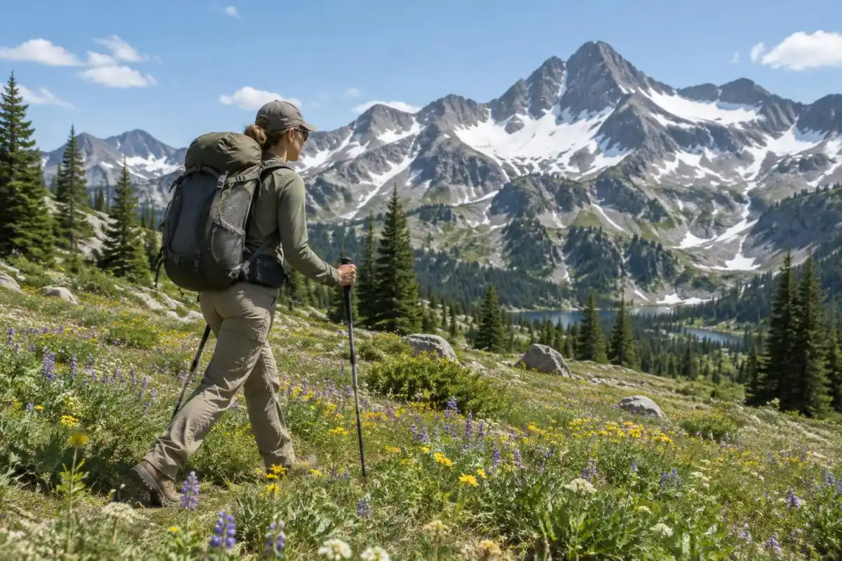 Backpacker with a large ventilated-back pack crossing an alpine meadow at midday