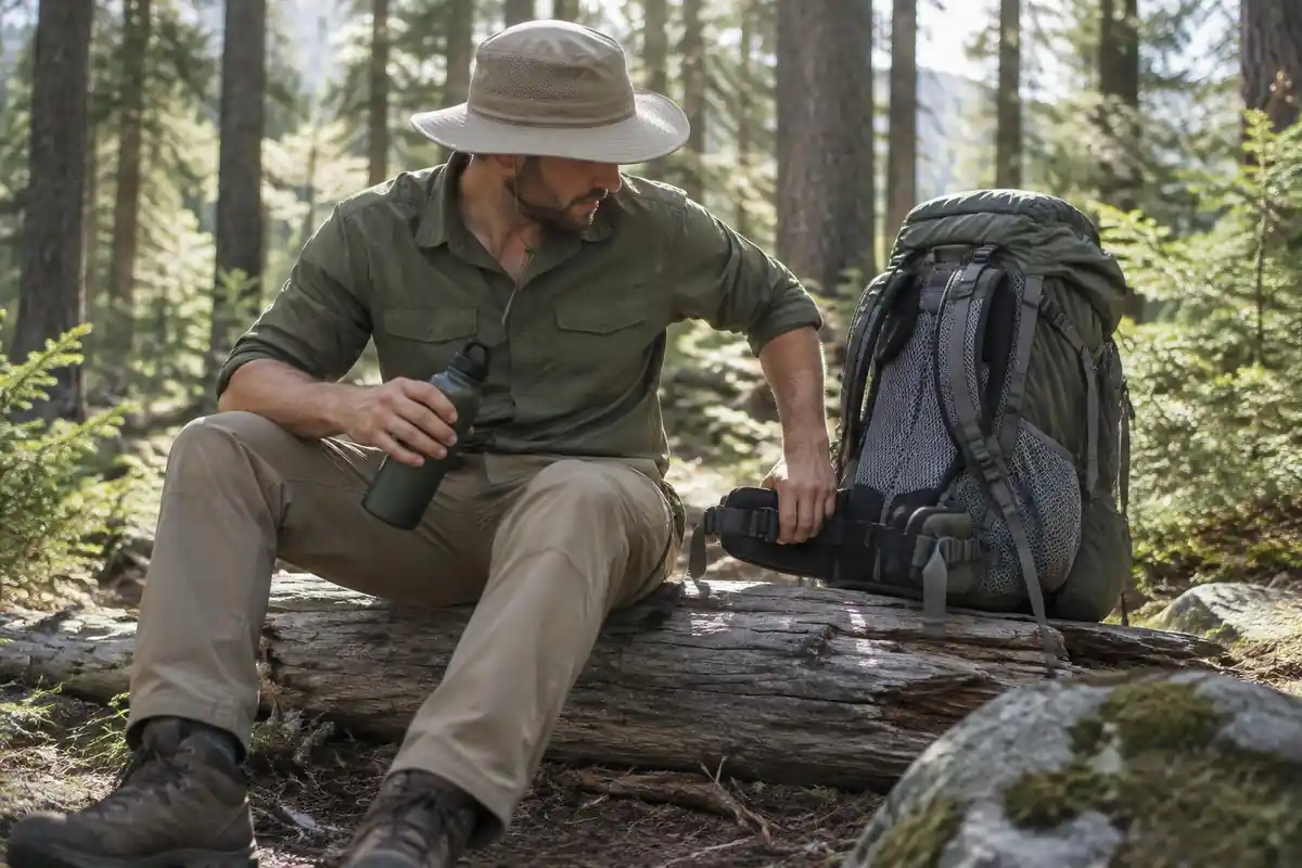 Hiker adjusting hip belt on a rest log with a mesh-back pack
