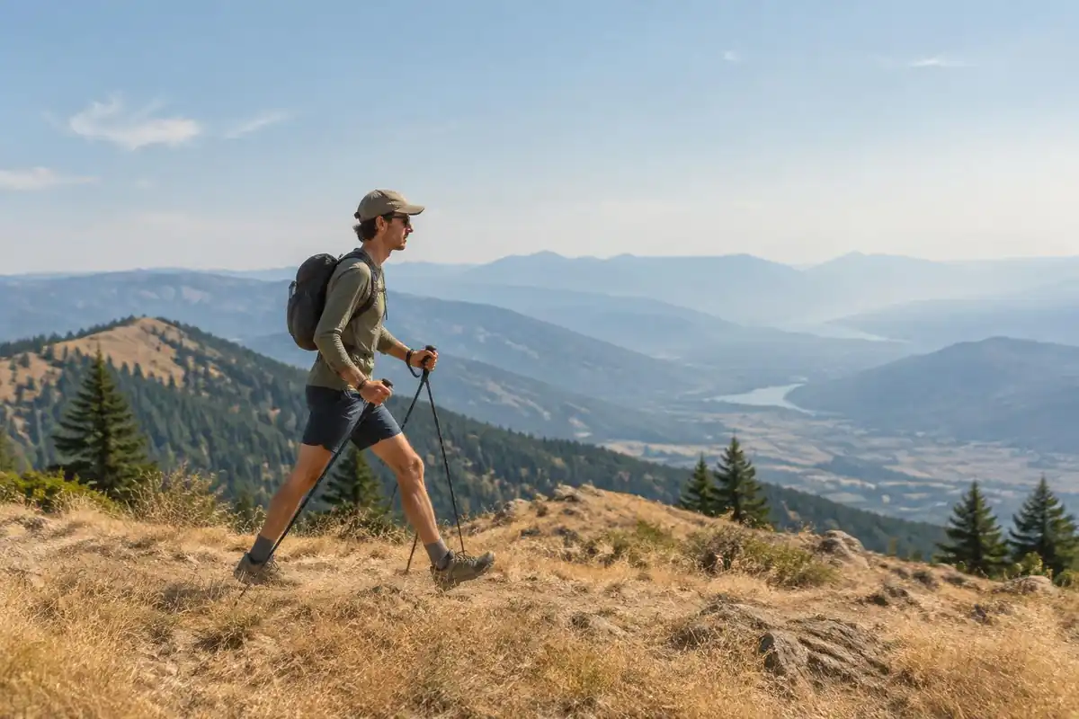 Fast light hiker striding along a ridge in dry summer heat