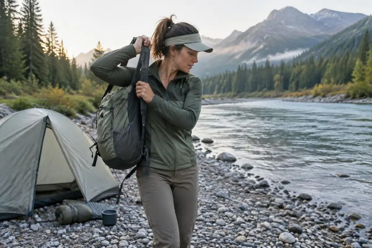 Hiker weighing and lifting a light pack onto one shoulder at camp