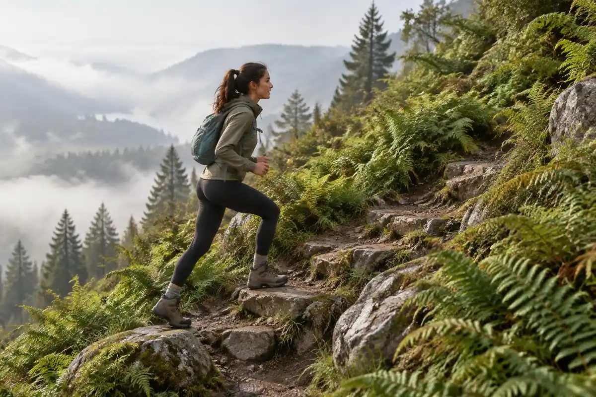 Day hiker on a steep rock stair trail in cool morning air