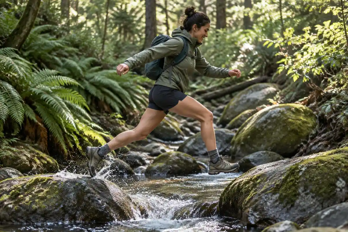 Trail runner style hiker hopping across creek stones with small pack