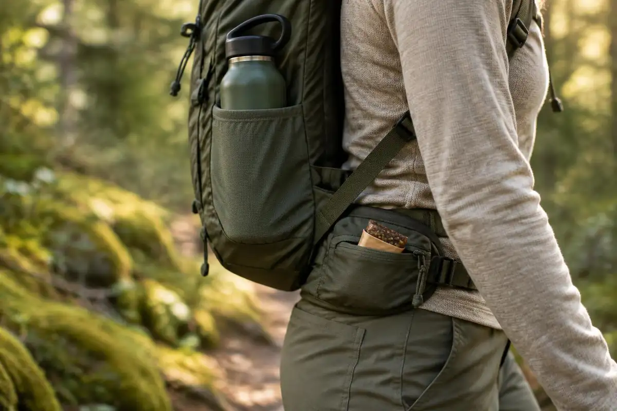 Small pack hugging a back with stretch pockets holding a water bottle