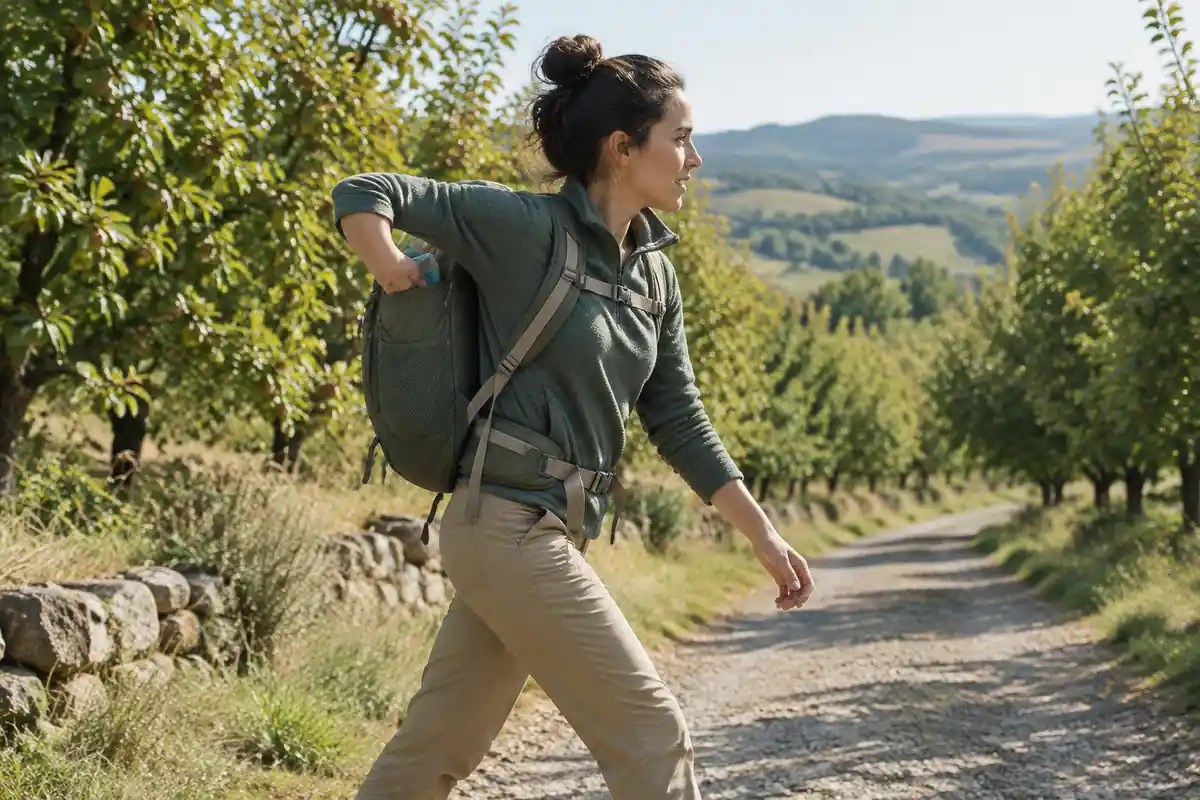 Hiker organising snacks from a top pocket while walking