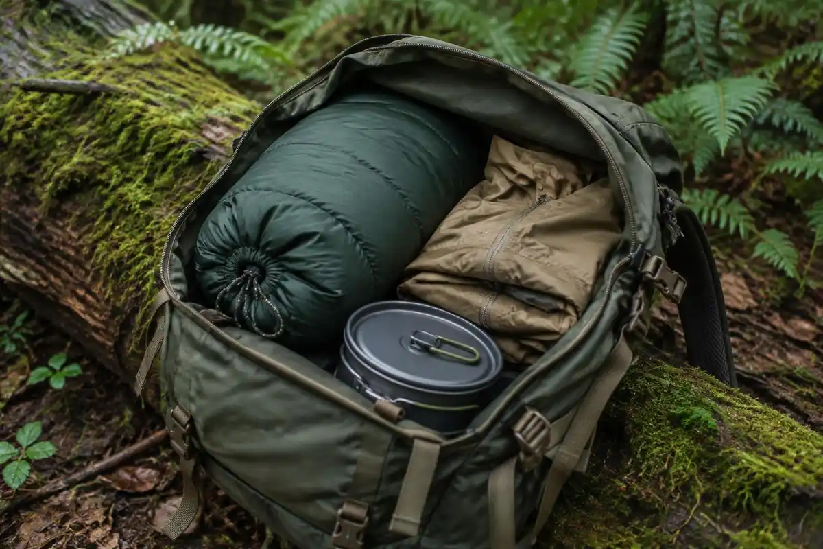 Open pack with a light sleeping bag and water bottle for an overnight