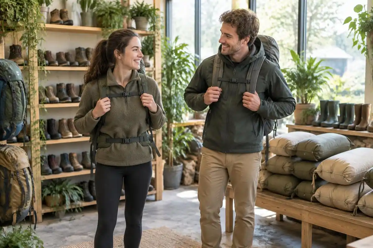 Shop-style fitting corner with hikers trying on packs near a bench of sacks