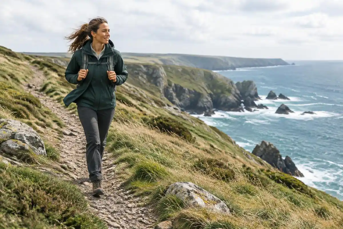 Woman hiking a rocky coastal path with a moderate daypack in sea breeze