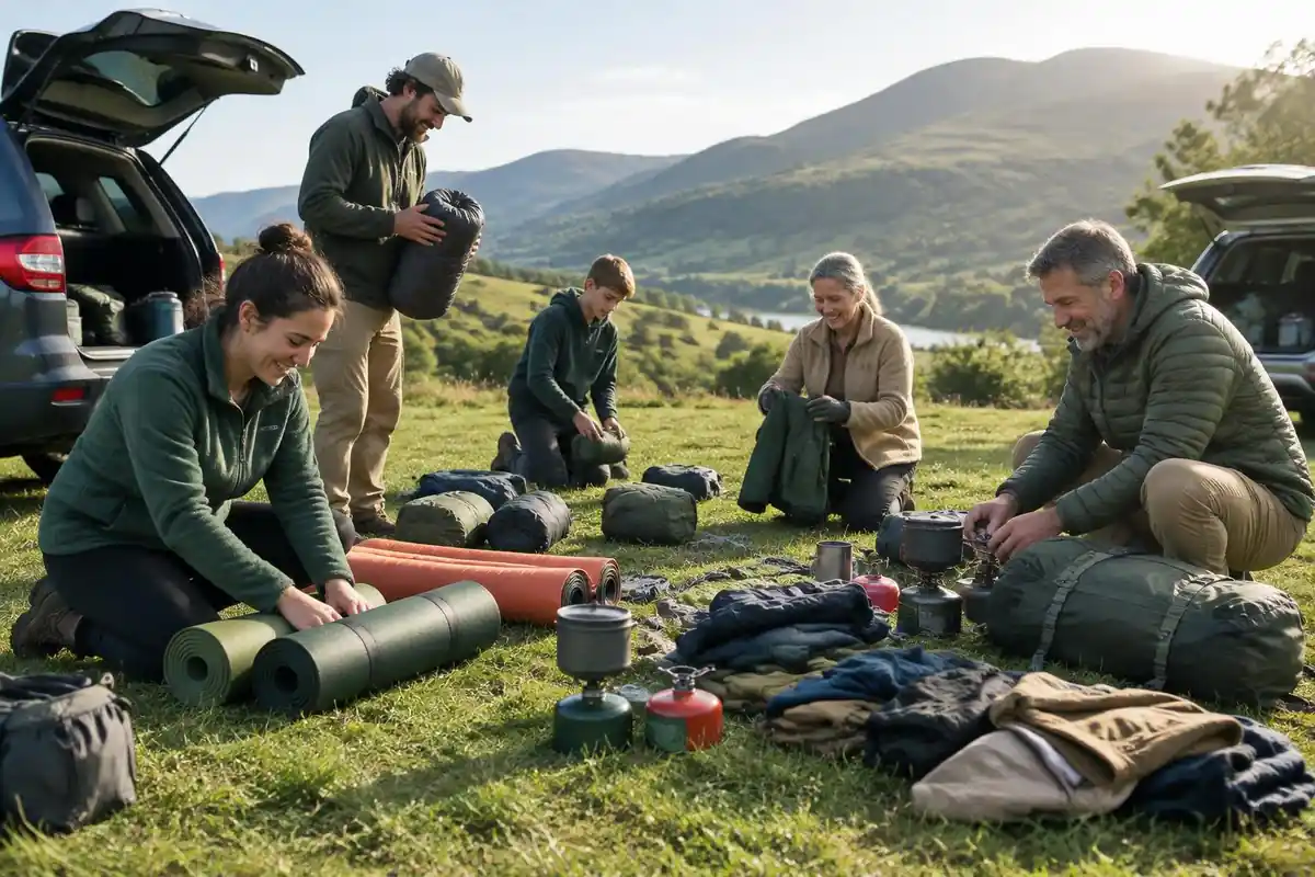 Co-op style outdoor shop-free trailhead with friends unpacking gear on a lawn
