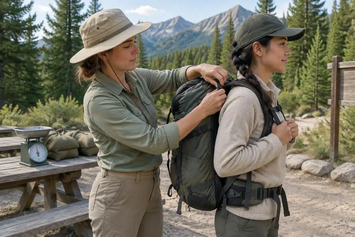Woman testing a pack's fit with weights inside at a trailhead bench