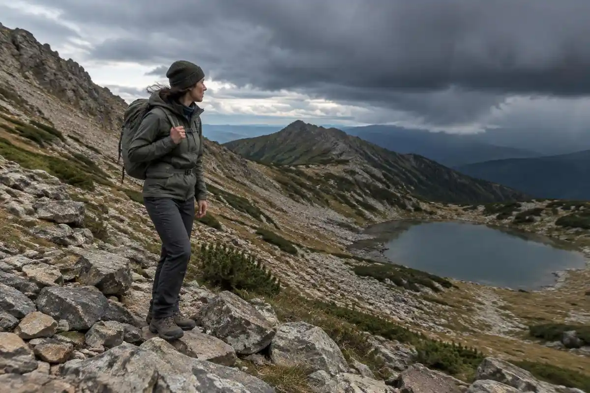Backpacker at a high pass with a light 55-litre pack and no lid