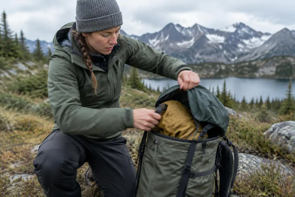 Hiker unclipping the top lid and stuffing a jacket under it