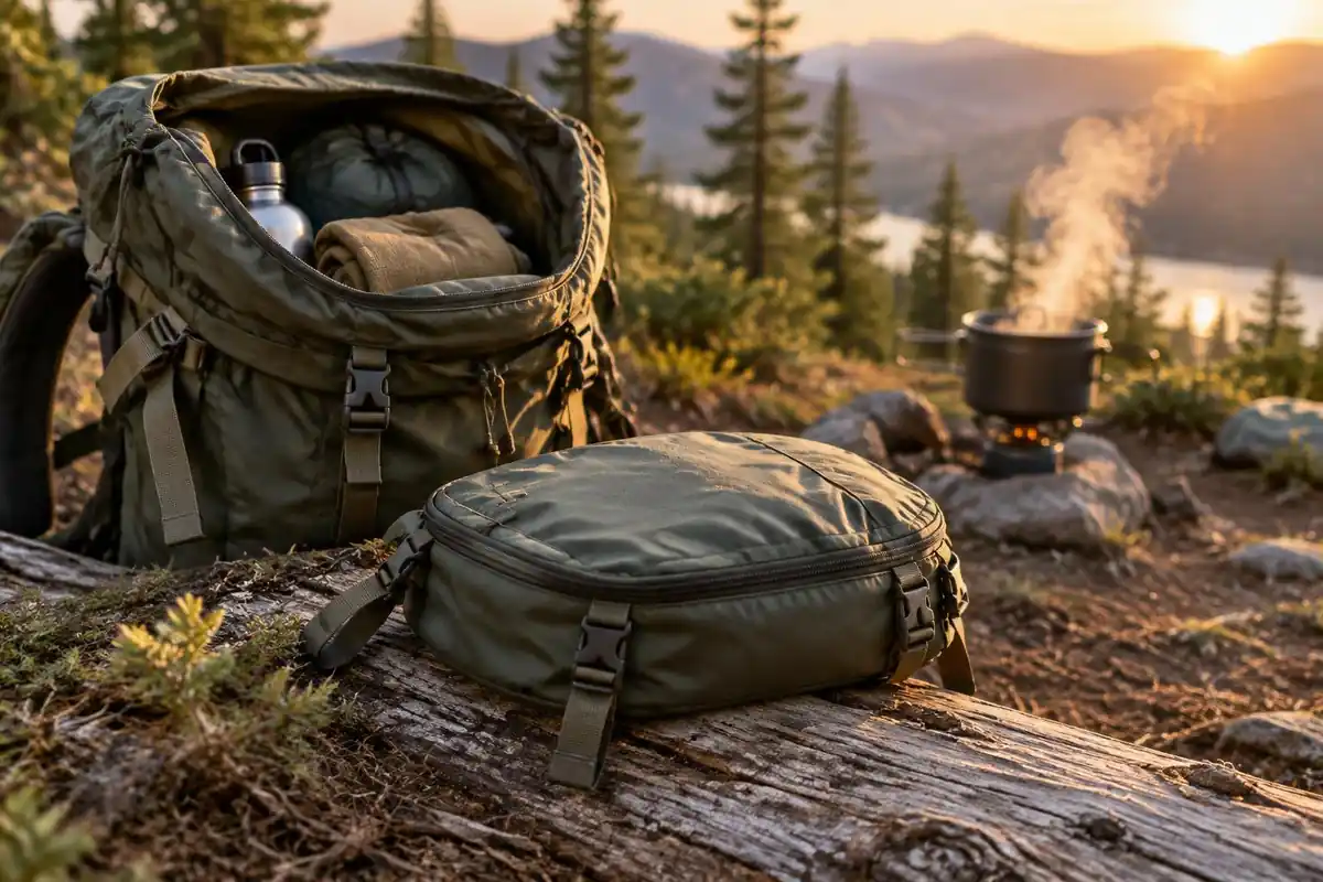 Removable lid turned into a small day pack on a camp log