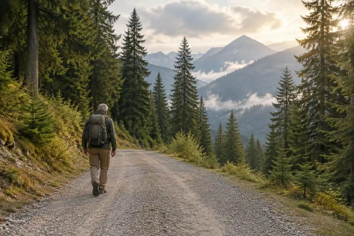 Older man on a wide gravel forest road under tall firs carrying a medium-load pack