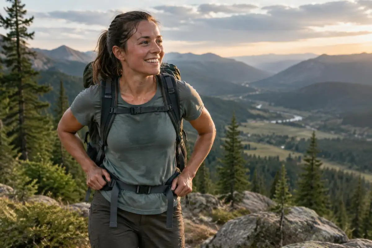 Hiker tightening a hip belt after a climb with tired grin