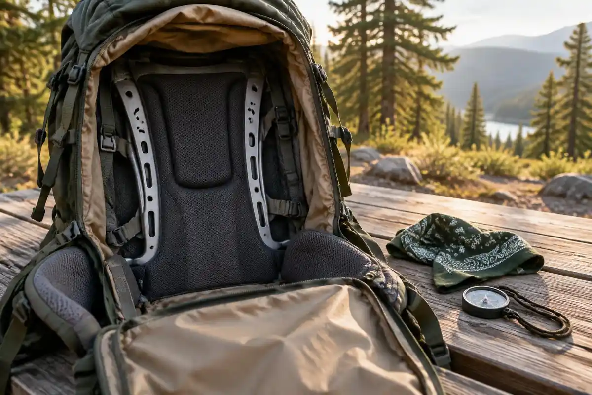 Suspension frame sheet visible along an open pack on a picnic table