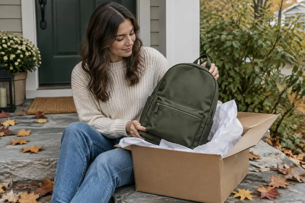 Hand-sewn-style packs waiting on a doorstep beside a parcel box