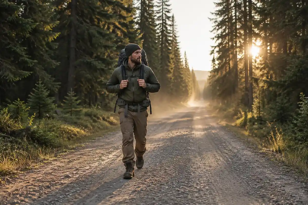 Hiker on a long forest-road stretch with a mid-size framed pack