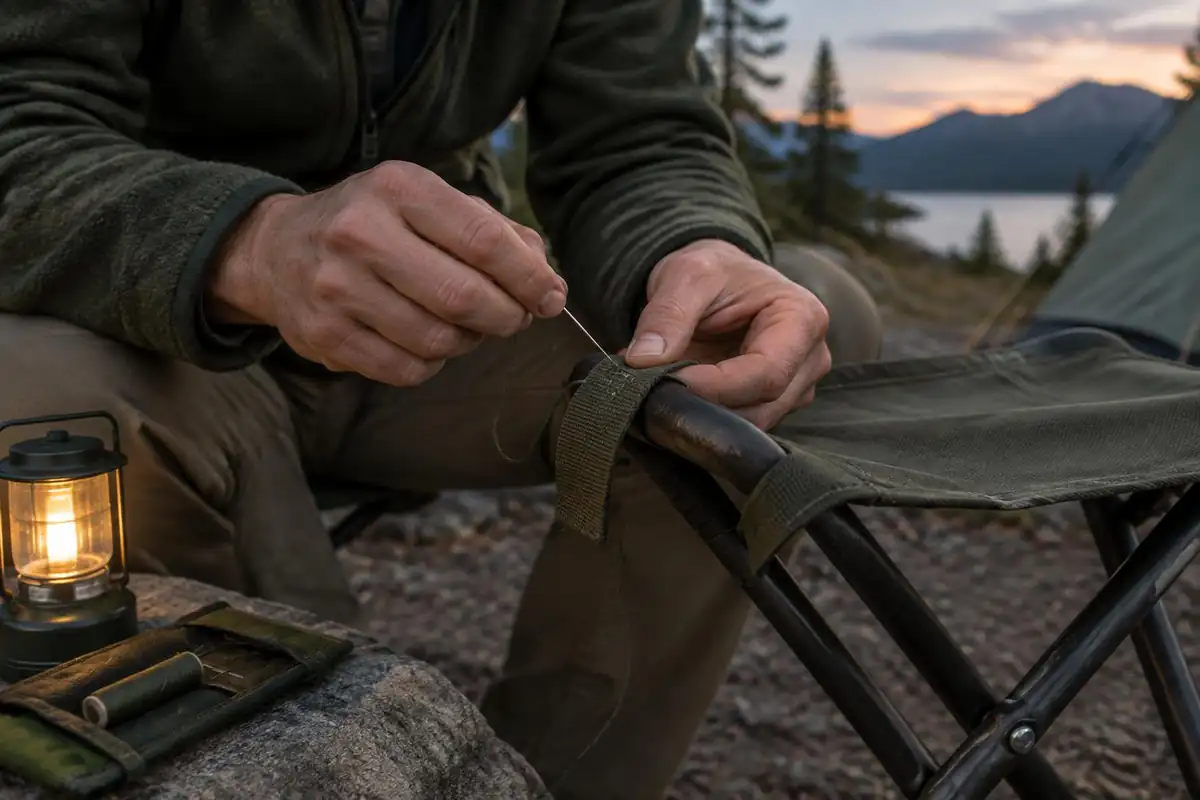 Hands stitching a small repair on a strap by lantern light at camp
