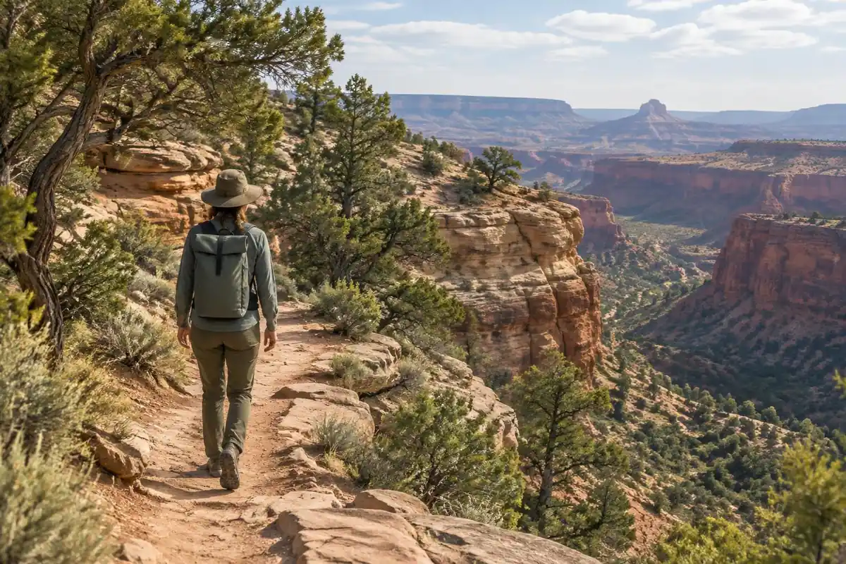 Utah canyon country trail with a lean hiker and a lightweight roll-top pack