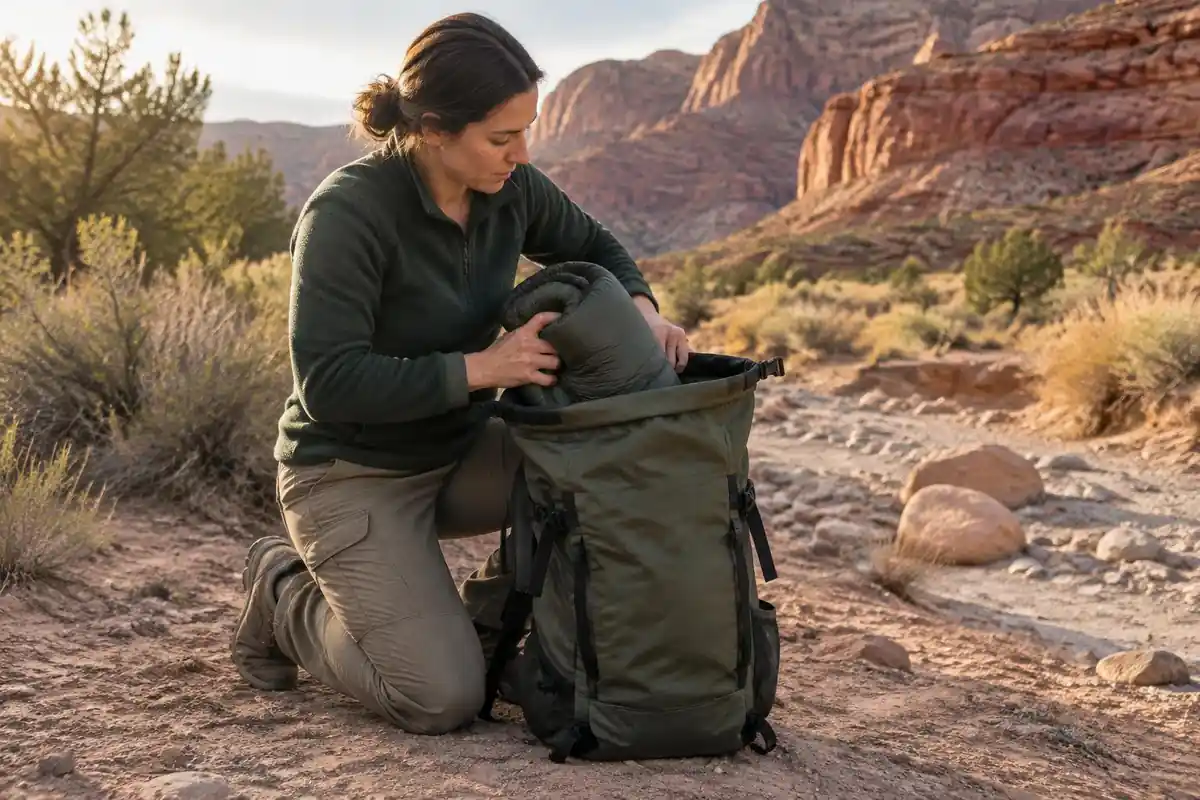 Hiker tucking a rolled sleeping bag into a roll-top pack