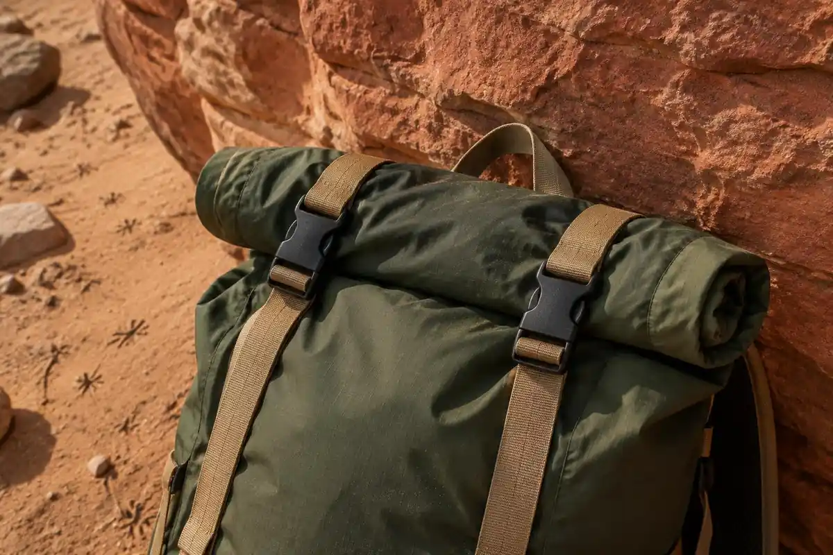 Tightly rolled pack top secured with buckles beside a canyon wall