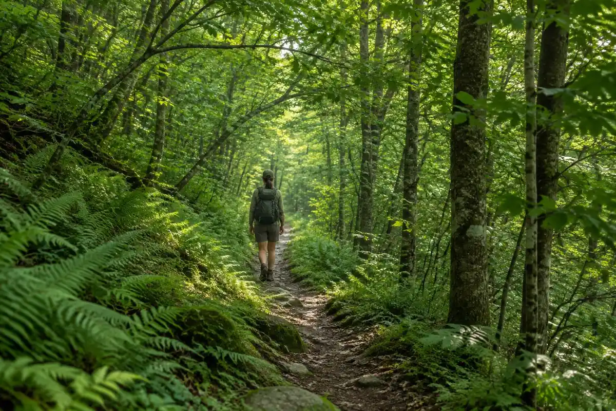 Long-distance hiker on a rolling Appalachian-style green tunnel trail