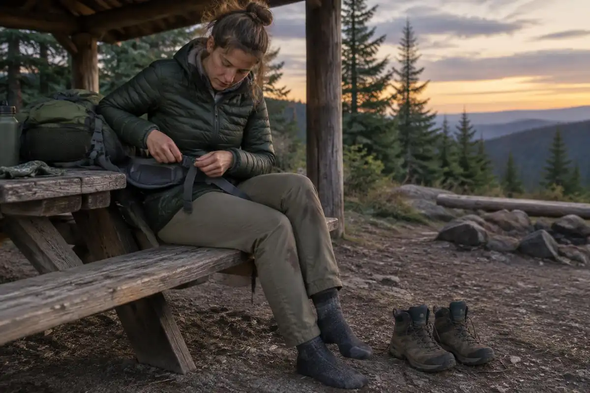 Hiker fixing hip belt buckles at a shelter picnic table