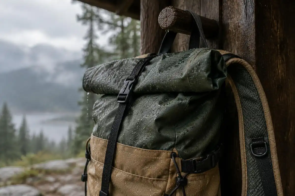 Padded shoulder strap and roll-top on a rain-soaked pack