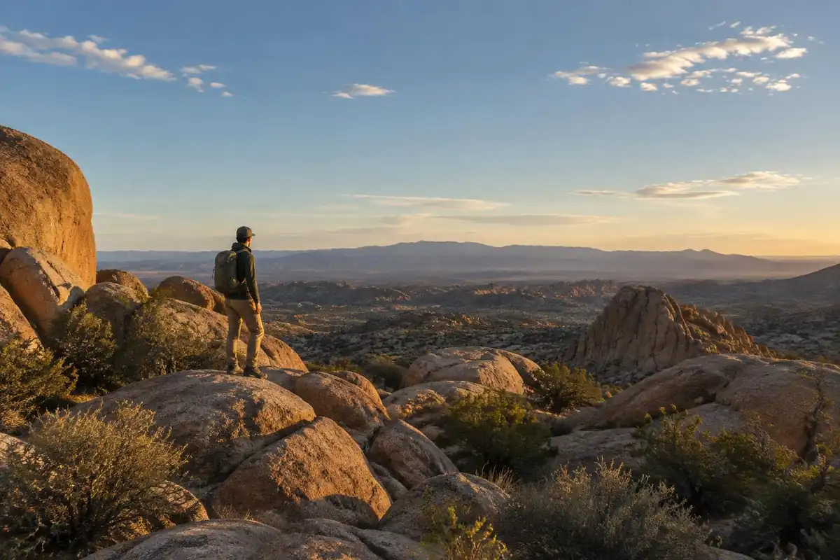 Ultralight hiker standing among boulders under big desert sky