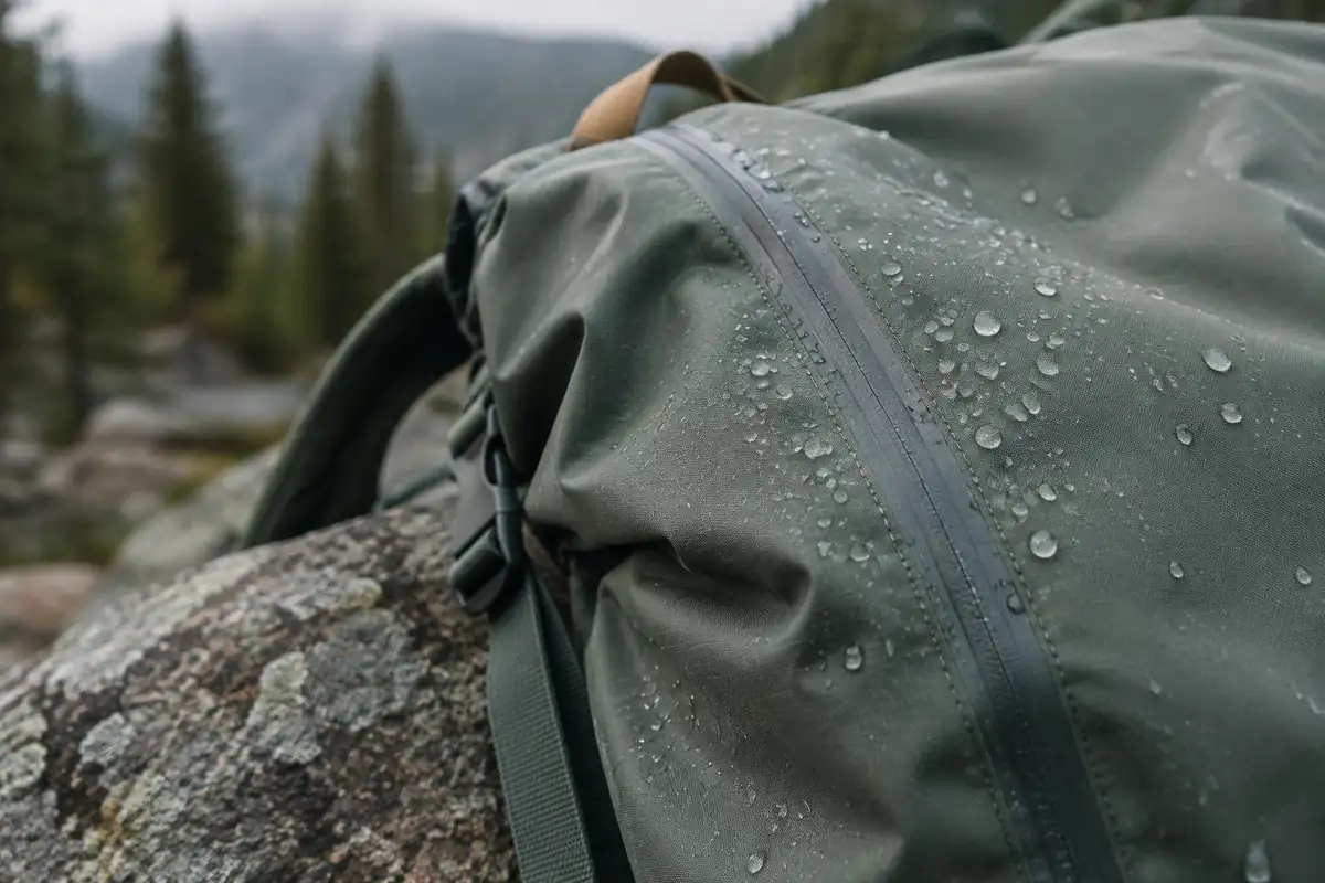 Smooth waterproof-looking fabric with taped seams shown close up on a stone
