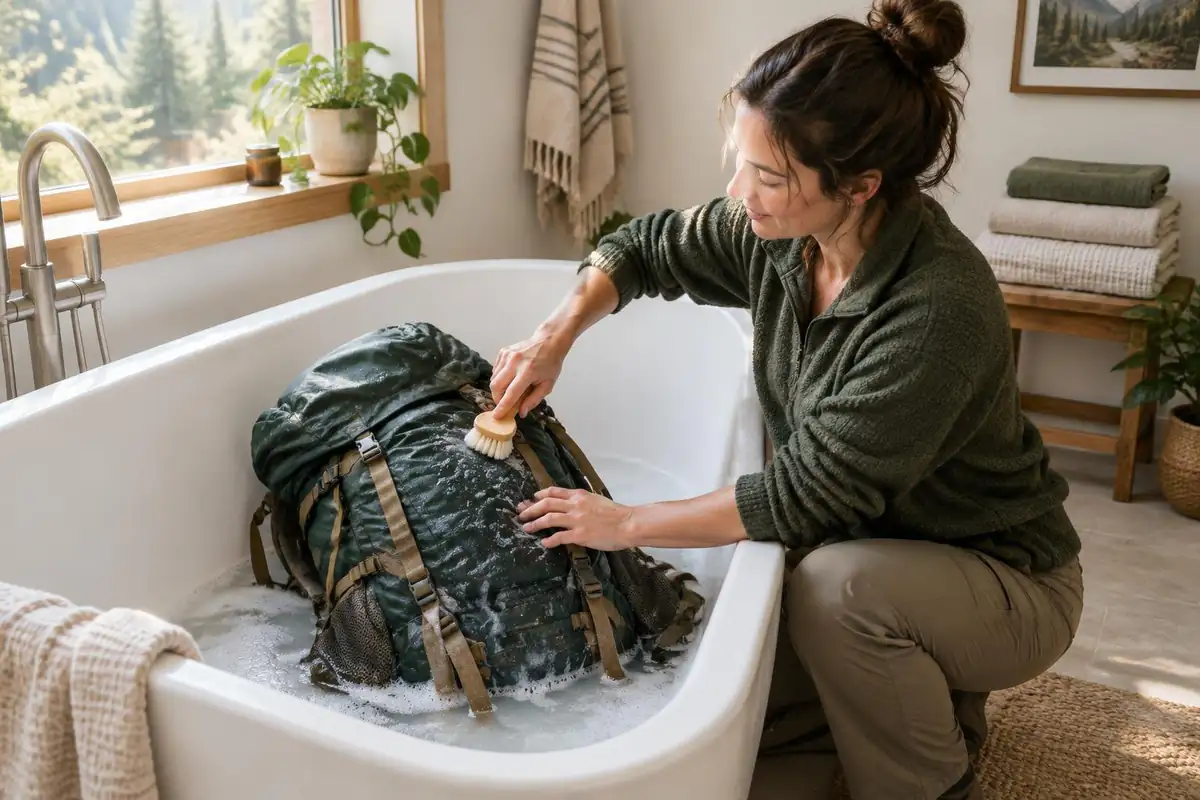 Backpack rinsed in a bathtub in a bright bathroom with towels