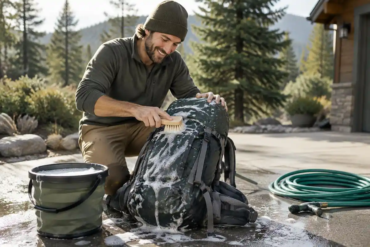 Person scrubbing pack fabric on a driveway with a soft brush