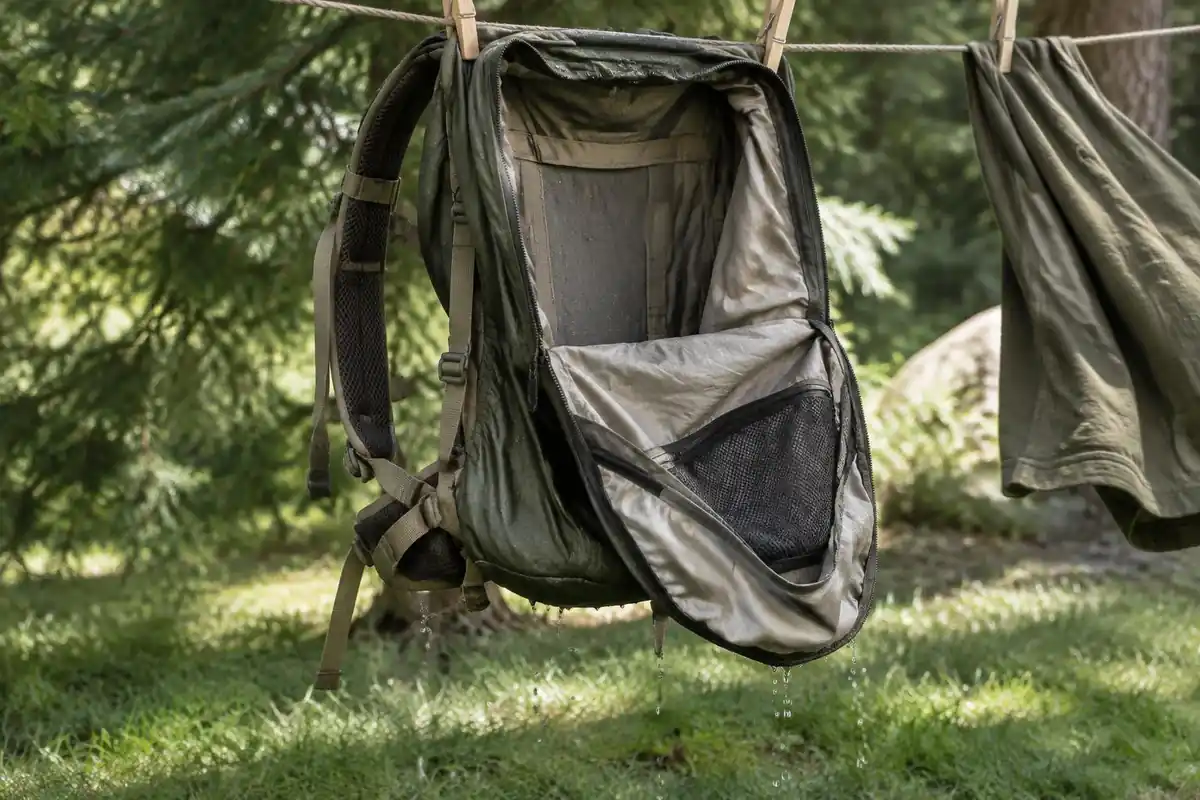 Wet pack hanging inside out on a clothesline to dry in shade
