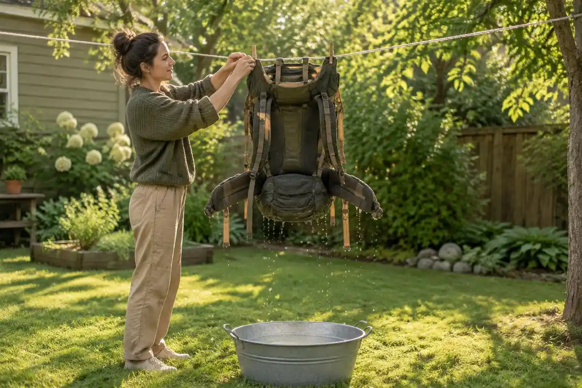 Backpack drying on a line in a sunny backyard after washing