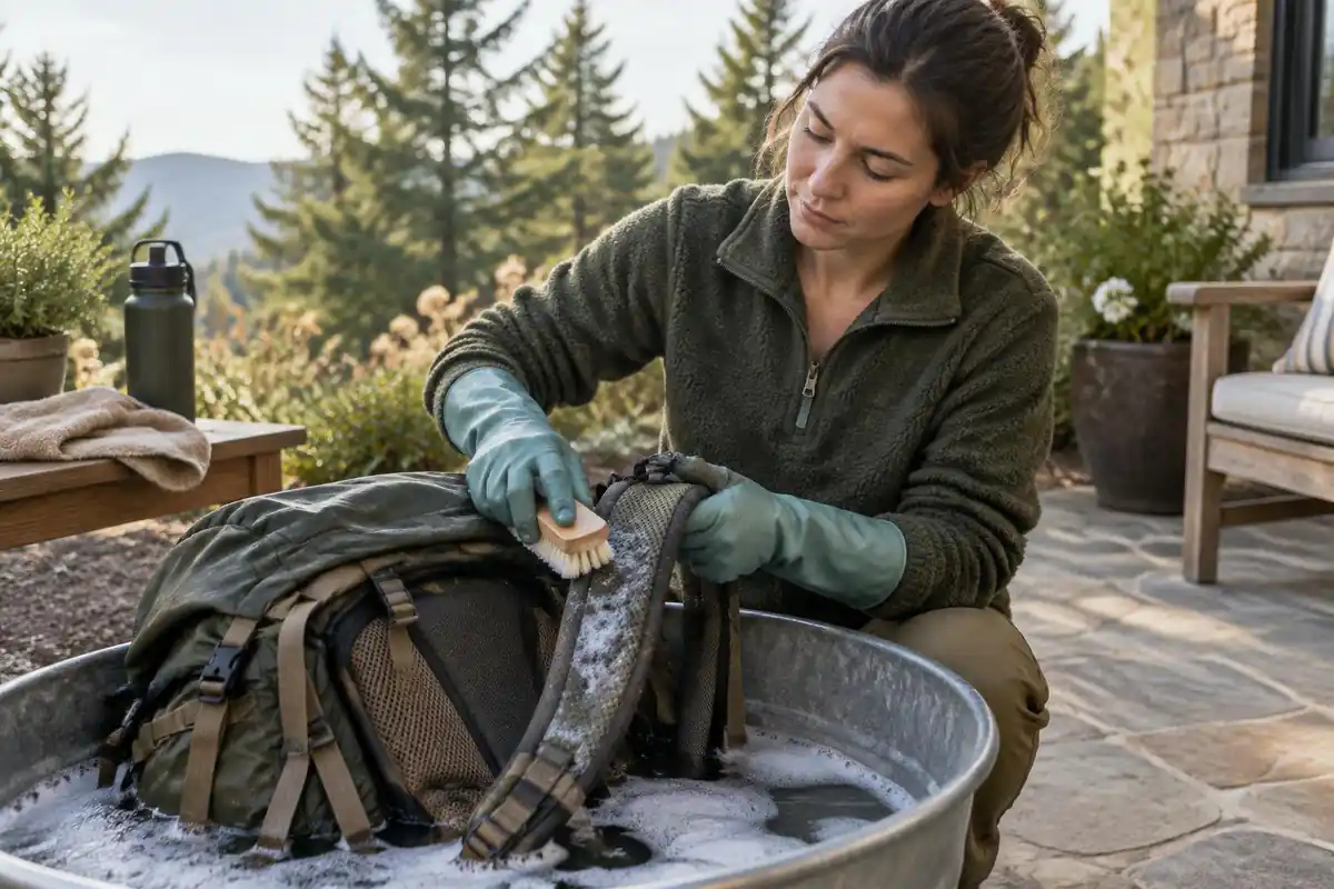 Hiker scrubbing a strap with a soft brush in a tub