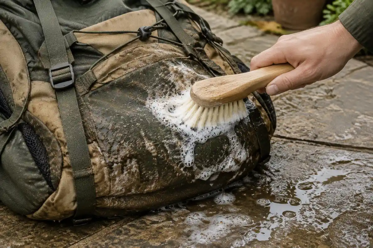 Suds and a soft brush on a pack's dirty base fabric