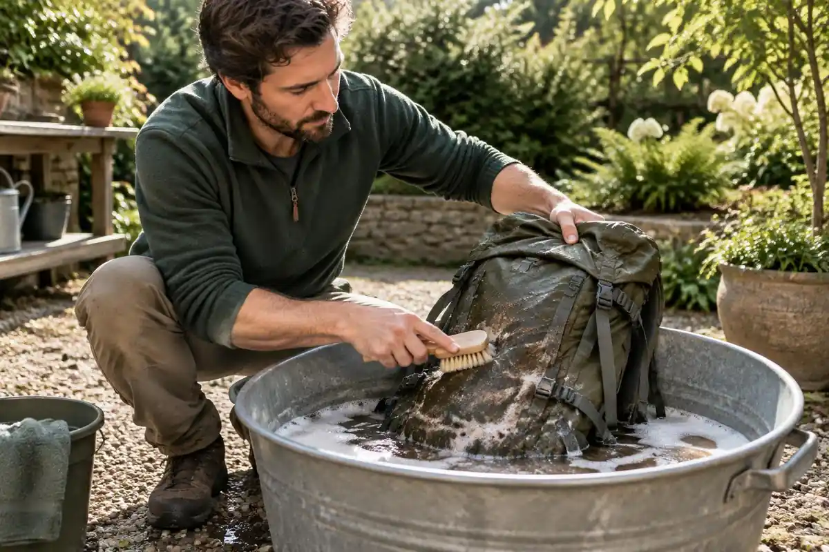 Hiker washing a muddy pack with a soft brush in a garden bath