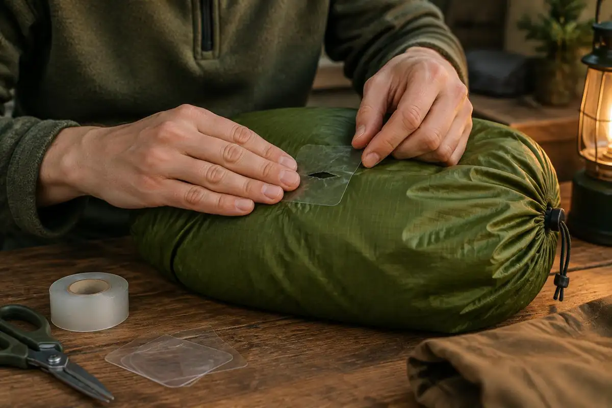 Hands applying a patch to a small tear in a waterproof stuff sack