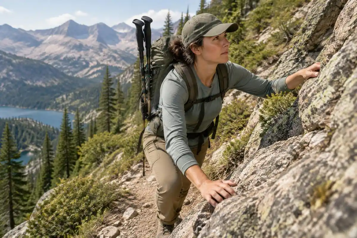 Hiker on a narrow path with poles stowed on the side of the pack